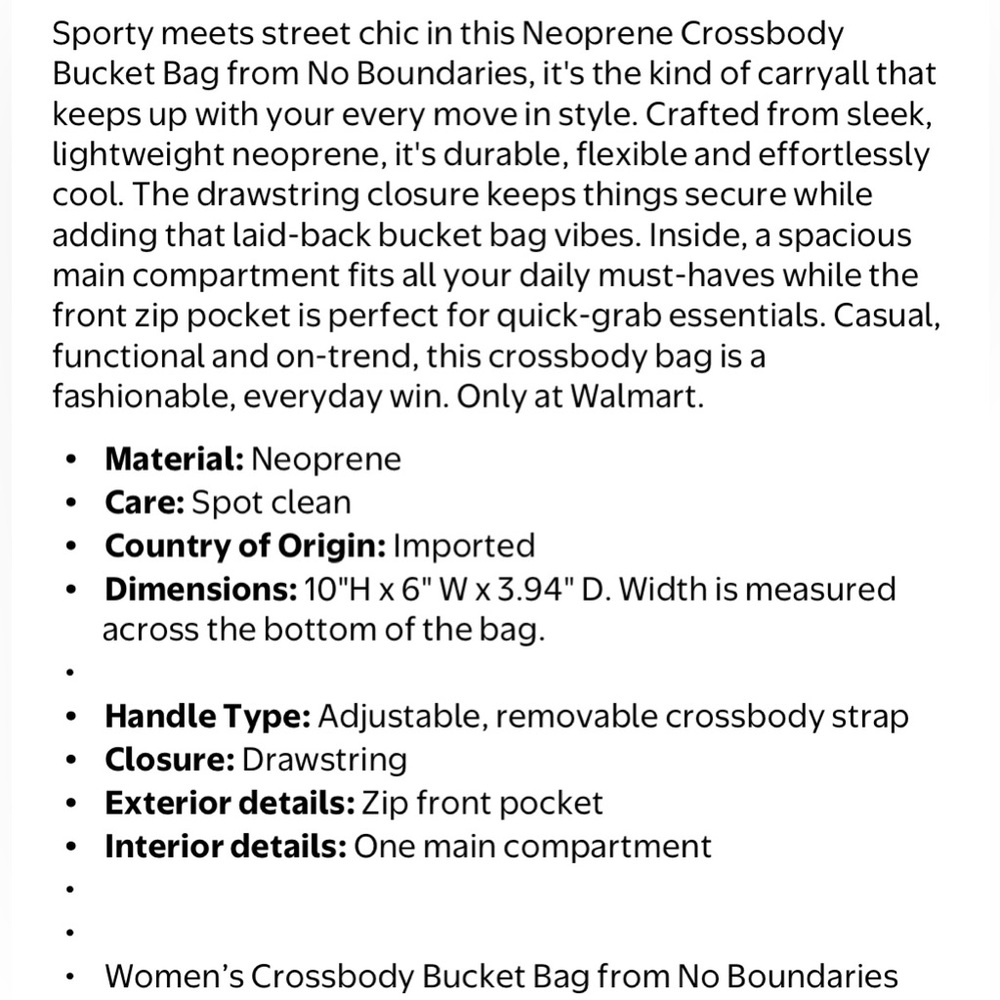 NWT No Boundaries Black Neoprene Crossbody Bucket Bag Tumbler Holder - Picture 5 of 11